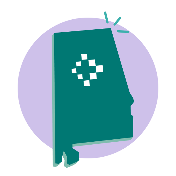State of Alabama with Viva logo inside of it icon with purple background