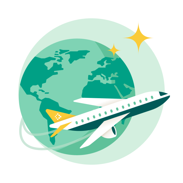 Airplane flying around the world icon with green background