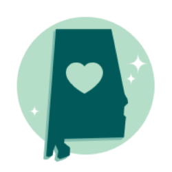 Icon of the state of Alabama with a heart inside, set in a light green circle.