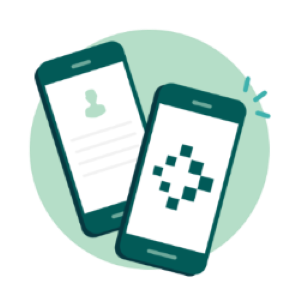 Icon of two smartphones in a light green circle, one displaying a user profile and the other the Viva Health logo.