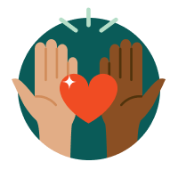 Icon of two hands and a red heart in a dark teal circle.