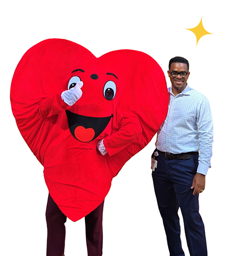 Heart mascost and man side hugging and smiling