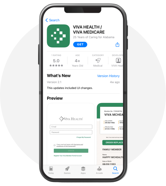 A smartphone displaying the app store listing for the Viva Health / Viva Medicare mobile app, showing its icon, details, and preview screenshots.