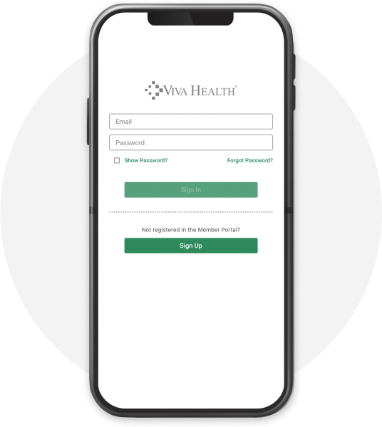 A smartphone displaying the Viva Health / Viva Medicare mobile app login screen, showing email and password fields, and buttons to sign in or sign up.