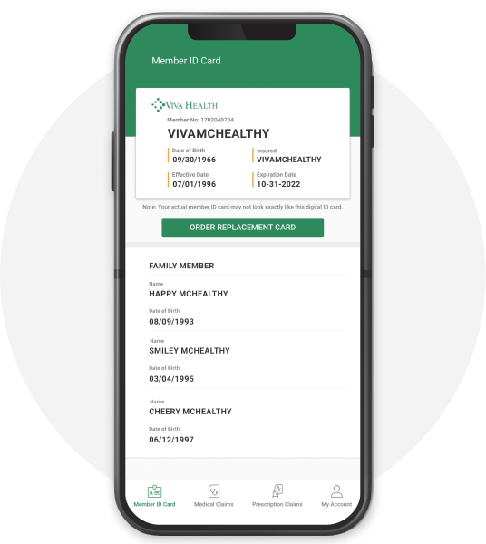 A smartphone displaying a digital Viva Health Member ID card and family member details within the Viva Health / Viva Medicare mobile app.